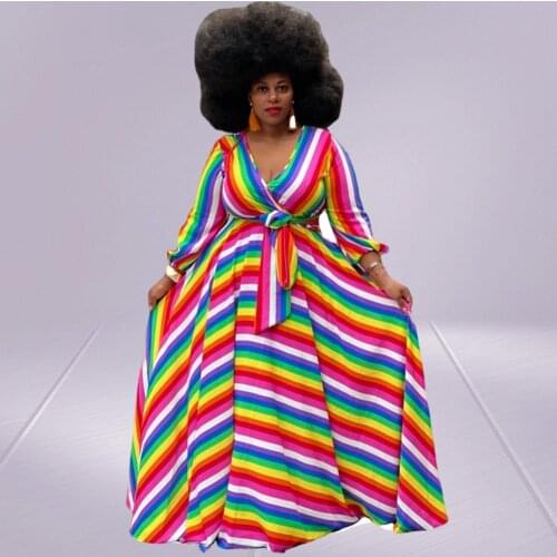 Plus Size Dresses Women 2021 Fall Clothing Striped Big Hem Full Length Maxi Dresses Fashion Streetwear Wholesale DropShipping