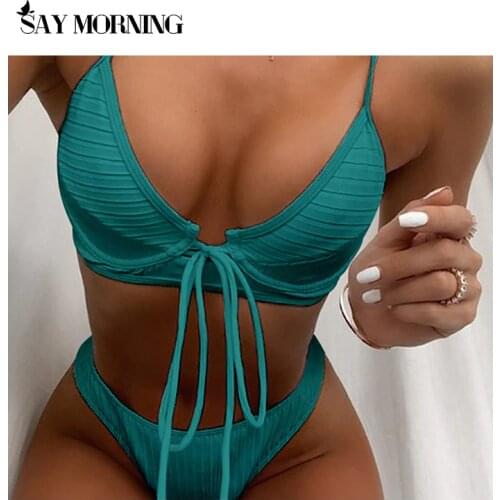 SAY MORNING New Bandage Bikini Swimsuit Women Push Up Swimwear Female Solid Bikini Set Brazilian Bathing Suits BeachWear