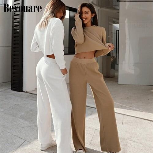 Beyouare Casual Trousers Women Suit Autumn Two Piece Set Sweatshirt O Neck Long Sleeve Crop Top High Waist Wide Leg Pants 2Piece