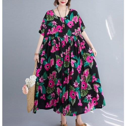 Beach Style Dress 2021 New Arrival Soft Cotton Satin Loose Summer Dress Print Floral Holiday Travel Casual Women Long Maxi Dress