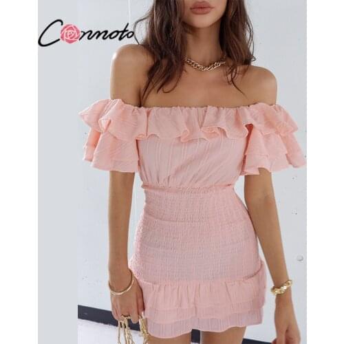 Conmoto Off-shoulder pink ruffle retro sheath dress women Short lantern sleeve summer dress casual Solid fashion slim dresses