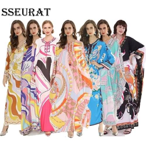 SSEURAT Loose Dress Women Print V-neck Pullover Full Batwing Sleeve Ankle-length Dresses Female Casual High Street Outfit