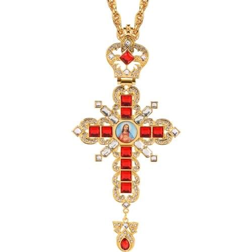 Golden Crucifix Cross Pendant Necklace Men Women Christian Church Priest Long Necklace Orthodox Baptism Religious Jewelry Icons