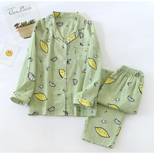 100% Cotton Pyjamas Long-sleeved Trousers Sleepwear Spring Summer Ladies Pajamas Suit Simple Style Long Pajamas Womens Homewear