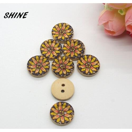 SHINE Wooden Sewing Buttons Scrapbooking Round Two Holes Flower Painting 15mm Dia. 24PCs Costura Botones Decorate bottoni botoes