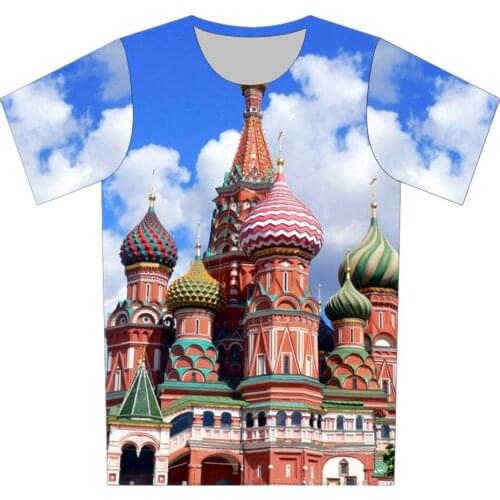 Joyonly 2019 Children St Petersburg Moscow Famous Building Print T-shirts Kids Summer Tops Boys/Girls Blue Sky T shirt 4-20 Year