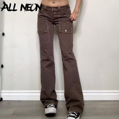 ALLNeon Y2K Retro Streetwear Button Up Low Rise Jeans with Pockets Indie Aesthetics Full Length Brown Denim Trousers 90s Outfit