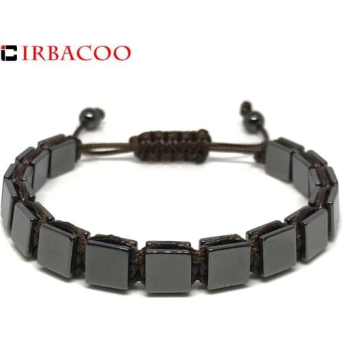 IRBACOO 2020 Luxury Men Bracelet 8mm Flat Square Hematite Stone Beads With Leather Cord For Men Braided Macrame Bracelet Jewelry