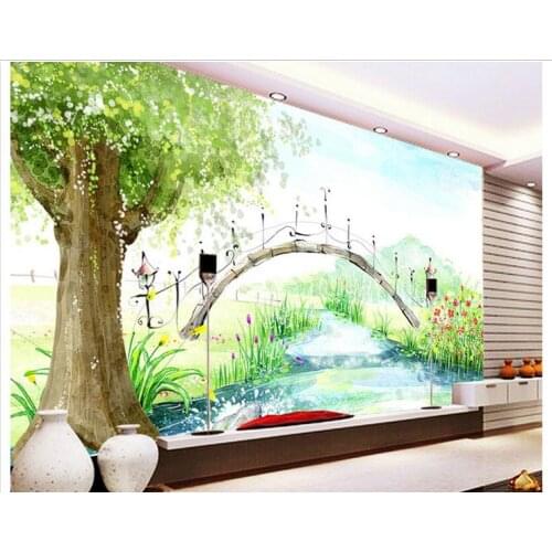 Custom mural 3D non-woven wallpaper Hand painting watercolor Bridges the tree children room TV setting wall kids room