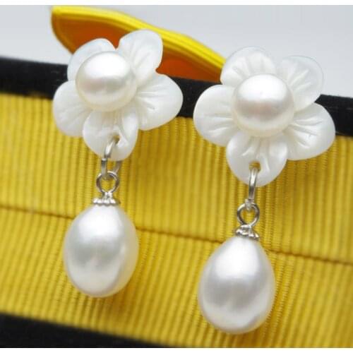 New for women sterling--jewelry real natural Freshwater pearl shell FLOWER Drop Pearl Earrings Quality Wedding Giftgirl Wedding