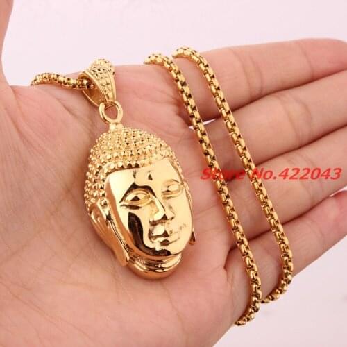 Newest Yellow Gold color Buddha Head 316L Stainless Steel Buddhist Religious Pendants Necklace, Choker Necklaces for Men Womens