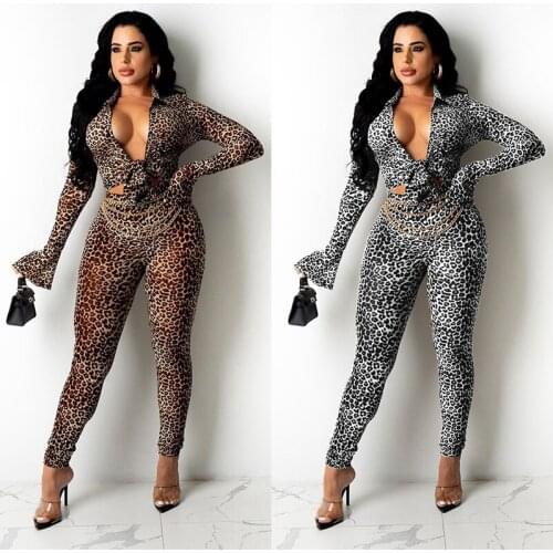 Autumn Leopard Print Two Piece Tracksuit Long Flare Sleeve Deep V Neck Tie Front Crop Top And Long Skinny Trousers Sexy Bodycon
