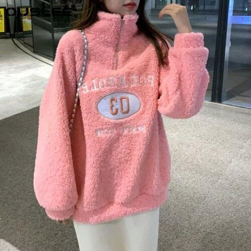 OUSLEE Spring Women Fleece Hoodies Embroidery Letter Sweatshirt Warm Thick Velvet Loose Top Harajuku Vintage Oversized Pullover