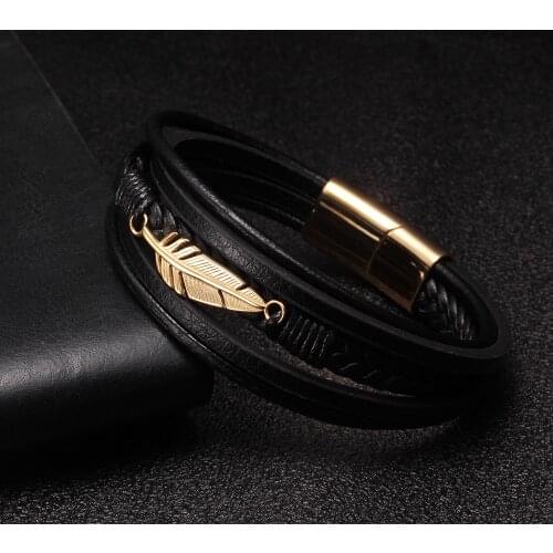 Braided Gold Feather Shape Stainless Steel Charm Bracelets Genuine Leather Men Women Chain Link Cuff Bracelets Pulsera
