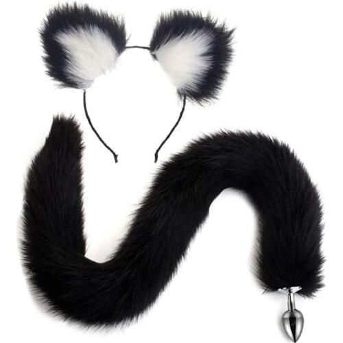 White-Black Fluffy plug Tail Cat Ears Headband Cosplay Role Play Halloween Toys Make Life Wonderful 2Pcs / Set