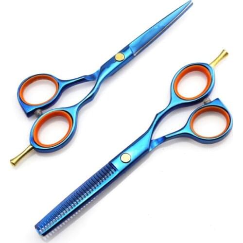 Professional Japan 440c alloy 5.5 inch blue hair scissors set cutting scissor barber tools thinning shears hairdressing scissors