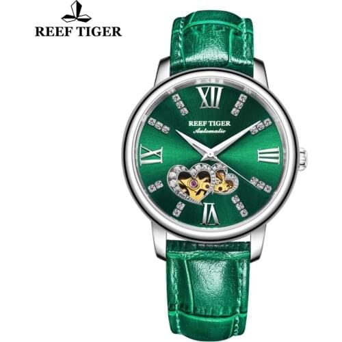 Reef Tiger/RT New Design Fashion Ladies Watch Leather Band Steel Green Dial Mechanical Watch Montre Femme RGA1580