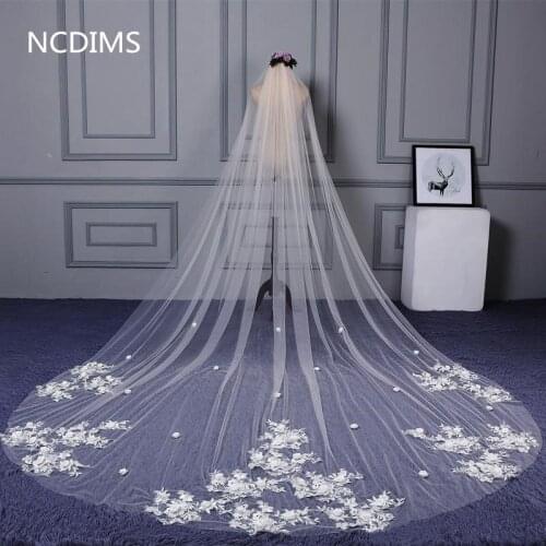 Luxury Beading Crystal Bridal Veils 3 Meters Cathedral Length Wedding Veils White Ivory Lace Applique Sequins Edge With Combs