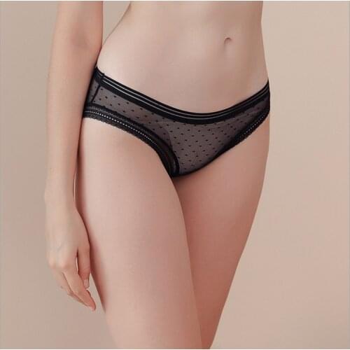 Low-waist Mesh Lace Wrap Hip Briefs Polka-Dot Sexy See-Through Pure Cotton Bottoms Breathable Ladies Underwear