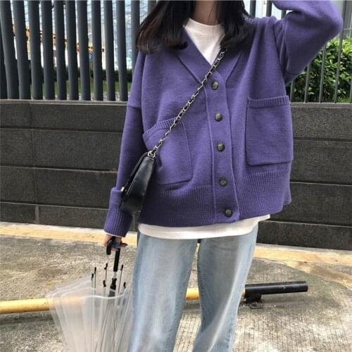 Sweaters Autumn Japan Style Outwear Student Long Sleeve V Neck Purple Cardigans Jacket Pull Femme Solid Retro Knitted Jumpers