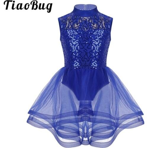 TiaoBug Shiny Sequins Mesh Tutu Ballet Figure Skating Dress Girls Gymnastics Leotard Kids Performance Competition Dance Costume