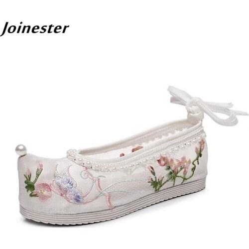Air Mesh Ethnic Embroidered Flat Shoes for Women 2021 Summer Sandals with Pearls chaussure femme Retro Cross-tied Casual Flats
