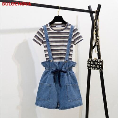 2021 Summer Women Pullover Striped Short Sleeve T-Shirt Tops + Overalls Jeans 2pcs Sets Students High Waist Wide Leg Pants Suits
