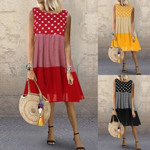 2021 Women Summer Sleeveless Polka Dot Print Dresses O Neck Loose Casual Ruffles Vintage Dresses Knee Length Party Robe Femme