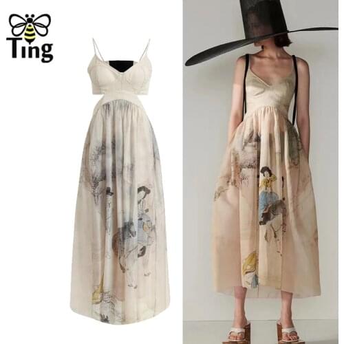 Tingfly Vintage V Neck Floral Print Chiffon Midi Long Dresses Summer Straps Sexy Open Back Fashion Party Dresses Elbise Light