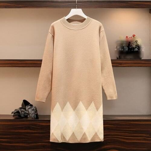 Plus Size Colorblock Knitted Dress 2020 Autumn Winter Clothes Korean Elegant Loose Long Sleeve Large Size Ladies Sweater Dresses