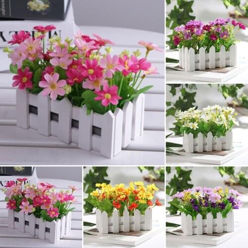 1 Set High Quality Wooden Fence Vase + Flower Rose And Daisy Silk Artificial Flowers Home Decoration Garden Decor Birthday Gift