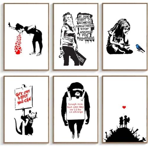 Banksy Graffiti Art Pictures Abstract Canvas Painting Black White Wall Art Posters and Prints Modern Living Room Home Decor
