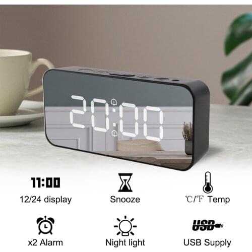 LED Mirror Alarm Clock Wireless Charging Table Clock 12/24H Digital Alarm Clock Temperature Clock Digital Thermometer Decoration