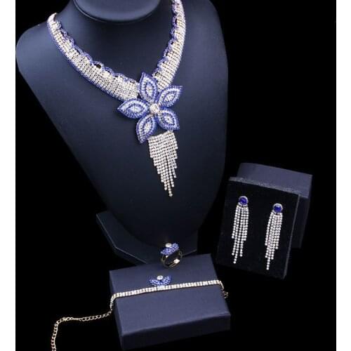 Blue Flower Luxury Women Nigerian Wedding Naija Bride Cubic Zirconia Crystal Necklace Ring Bangle Earring Dubai Jewelry Set 4PCS