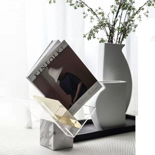 Creative Golden V Shape Acrylic Ornament Metal Book Shelf Modern Home Living Room Bedroom Magazine Book Marble Storage Decor