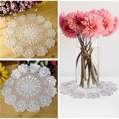 Handmade Crochet Cotton Lace Table Placemats Lotus Round Pad For Table Decoration Beige White 35-40cm