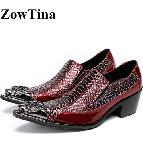 Men Metal Pointed Toe Dress Shoes Wine Red Genuine Leather Wedding Shoes Men Slip On Formal Moccassin Homme Fashion Zapatillas