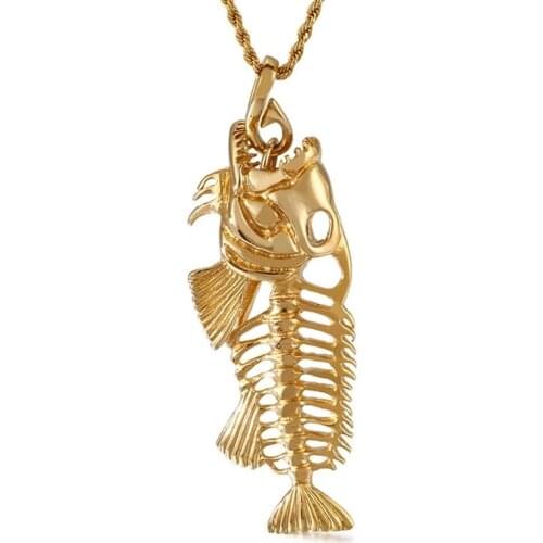 Mens Long Fish Bone Pendant Full Fish Skeleton Titanium Steel