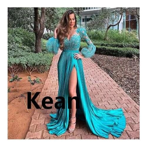 Sky Blue illusion High Slit Evening Dresses Puff Sleeves Lace robe de soiree Evening Gowns Prom Dress Vestidos De Festa