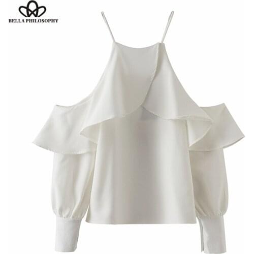 HStar new spring summer ruffle blouse shirt halter neck cami cold off shoulder top women chiffon blusas