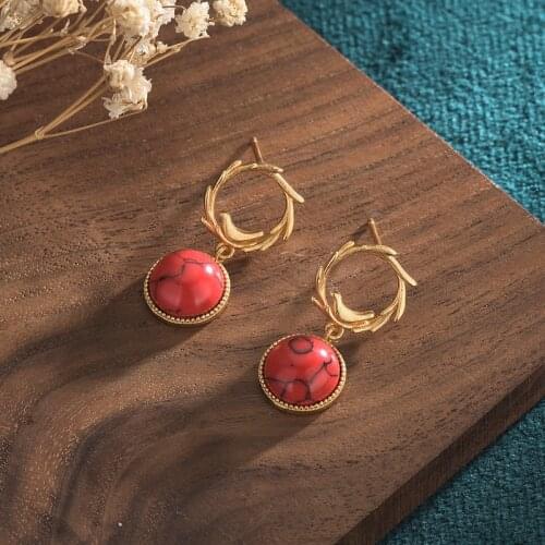 Chinese Fashion Retro Cute Red Olive Branch Turquoise Earrings for Women Vintage Palace Ethnic Dating Jewelry 2021 Trendy