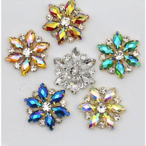 2.0cm Flower Shape Rhinestone Applique Crystal For Dresses Sew on Rhinestone with Gold Base for DIY Wedding Dress Shoes