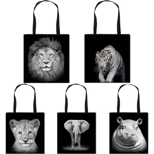 Lion Tiger Black White Print Handbag Womens Large-Capacity Shopping Storage Bag Animal Personality Travel Fashion Tote Bag