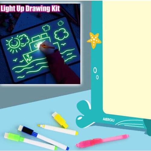Light Up Drawing Kit Fluorescence Pen Kids Light In Dark Scrawling Board Highlighter With Random Pattern Stencil Free Shipping
