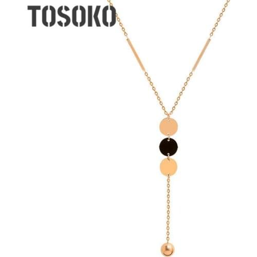 TOSOKO Stainless Steel Jewelry Two Color Disc Geometry Steel Ball Tassel Necklace Womens Long Sweater Chain BSM039
