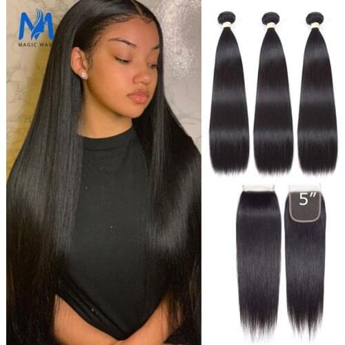 Magic Wave 5*5 Lace Closure and Human Hair Bundles 36 40 Inch Bone Straight Bundles 3 Bundles With Lace Closure HD Transparent