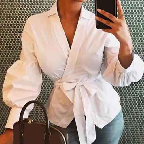 Women Shirt V Neck Lantern Sleeve Ladies Solid Color Irregular Cardigan Top Casual Streetwear Fashion Blouses Autumn Tops
