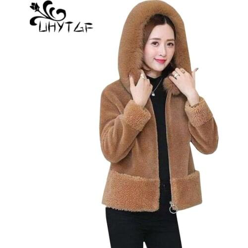UHYTGF Faux fox fur collar autumn winter fur coat women quality sheep cut casual warm short jacket hooded 3XL plus size coat1019