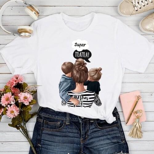 T-shirts Women Printing Striped Happy Time Cartoon Mom Mother Mama Love Tshirt Top Lady Stylish Girl Print Clothes Tee T-Shirt