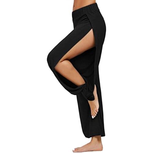 Women High Waist Sports Gym Yoga Pants Wide Elastic Waistband Side High Split Open Legs Harem Pants Leisure Trousers Breathable